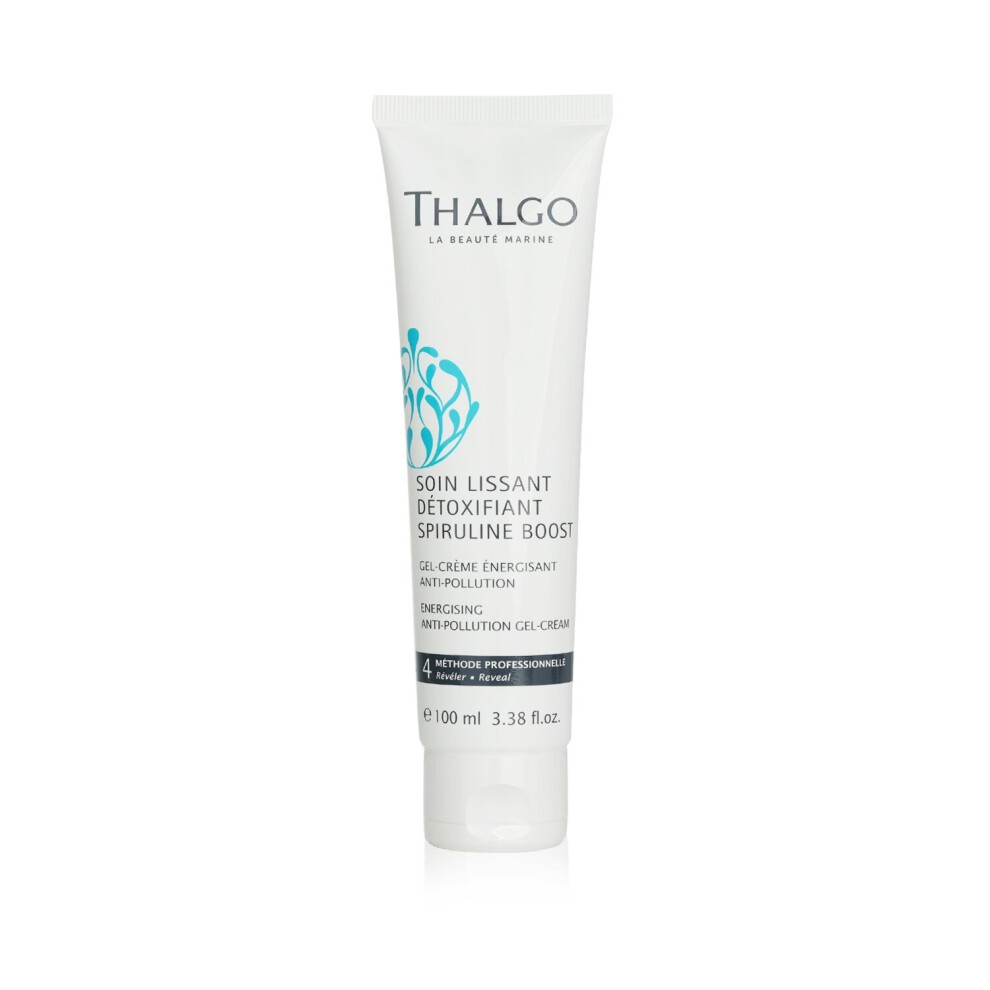 Thalgo Spiruline Boost Energising Anti-Pollution Gel-Cream in a sleek white tube with turquoise accents, featuring a flip-top cap and 100ml/3.38oz label.