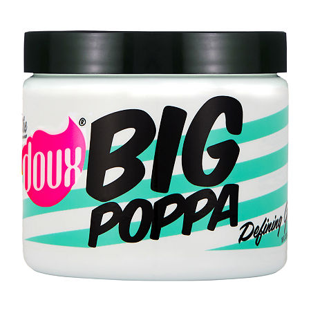 White jar with a black lid, featuring bold black text that reads "BIG POPPA" on a turquoise striped background, labeled as "Defining Gel" by The Doux, 16 OZ.