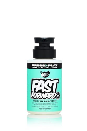 Clear bottle with a black pump top, featuring a turquoise label with bold white text reading "FAST FORWARD" and "HEAT PREP CONDITIONER," 8 OZ size indicated.