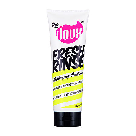 White squeeze tube featuring bold pink and yellow text, labeled "the doux FRESH RINSE Moisturizing Conditioner," with a black cap, 8 oz size.