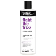 White bottle with a black cap, labeled "Fight the Frizz Conditioner" in purple and black text, featuring a sleek design and 400ml capacity.