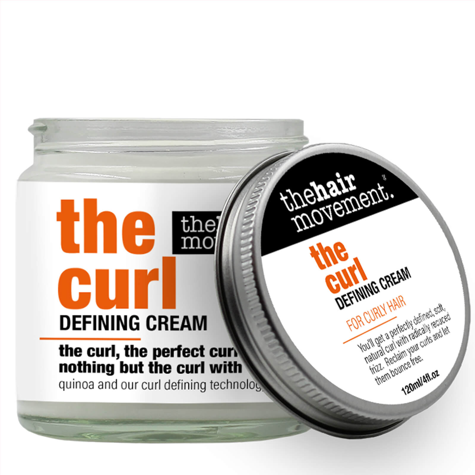 Clear glass jar with a silver lid, featuring bold orange and black text that reads "the curl defining cream" and "for curly hair," emphasizing its curl-enhancing properties.