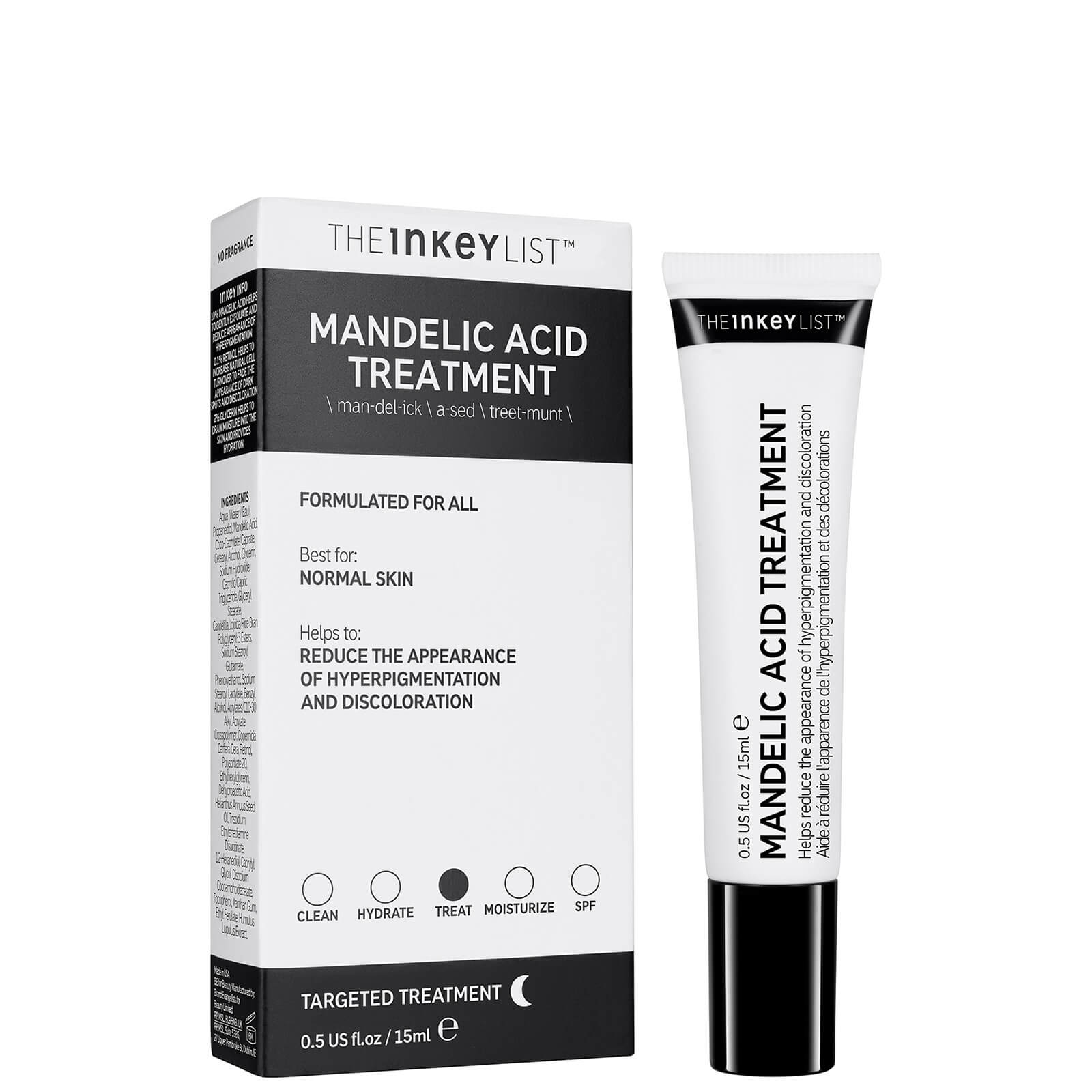 Mandelic Acid Treatment in a 15ml tube with a white and black design, packaged in a matching box, labeled for normal skin, targeting hyperpigmentation and discoloration.