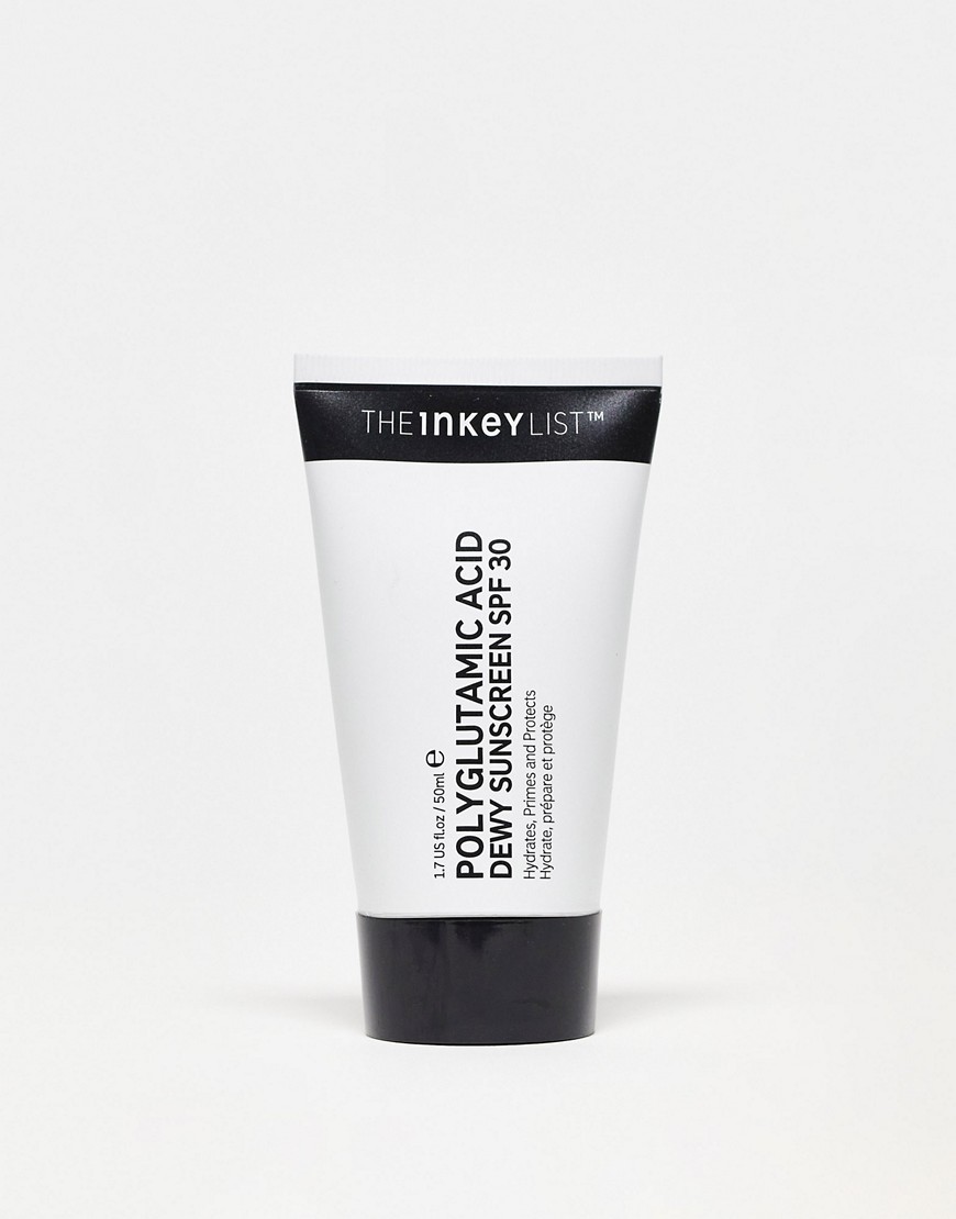 A white and black tube of "Polyglycatic Acid Dew Sunscreen SPF 30" from THE INKEY LIST, featuring a sleek design and clear product labeling.