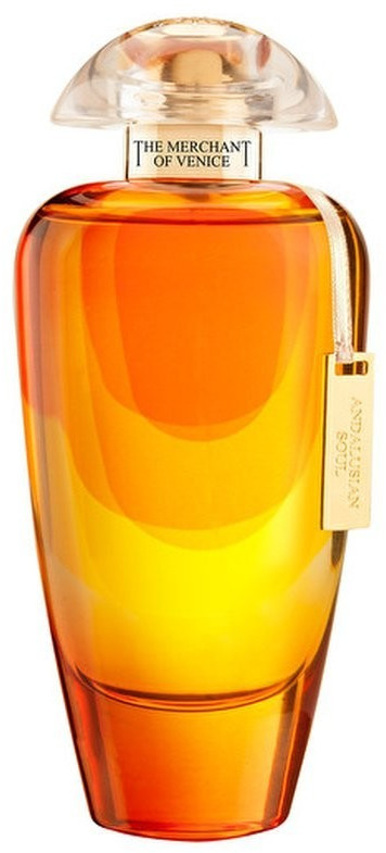 Amber-hued glass bottle with a rounded top and gold accents, featuring a silver tag labeled "Andalusian Soul" and "The Merchant of Venice" logo.