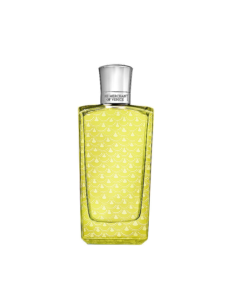 Bright yellow glass bottle with a geometric pattern, silver cap, and label reading "The Merchant of Venice Colonia Veneziana EDP 100 Ml."