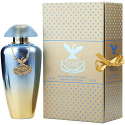 Elegant blue and gold perfume bottle with a rounded cap, featuring a decorative chain and emblem, accompanied by a matching gift box adorned with polka dots and a gold ribbon.