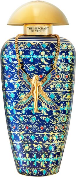 Elegant blue and gold bottle featuring intricate patterns, adorned with a golden winged figure, containing 100 ml of "Queen of the Night" EDP Concentrate by The Merchant of Venice.