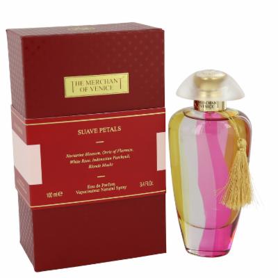 Suave Petals Eau De Parfum in a curved glass bottle with pink, yellow, and clear stripes, topped with a gold cap and tassel, alongside a red box featuring gold accents.