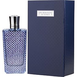 A blue, diamond-patterned glass bottle of "Merchant of Venice Venetian Blue" Eau de Parfum, alongside a matching dark blue box with a silver label.