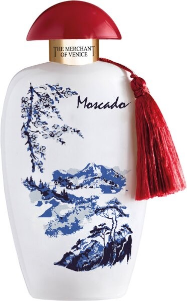 White bottle with a red cap, featuring blue landscape illustrations and a red tassel, labeled "Moscado" in elegant script.