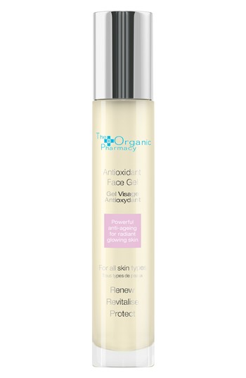 Clear, pump-action bottle containing 35 ml of light yellow antioxidant face gel, labeled with blue and pink text, designed for all skin types to renew and protect skin.