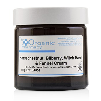 Dark brown glass jar with a white lid, labeled "Bilberry Complex Cream" for haemorrhoids and varicose veins, featuring natural ingredients like horse chestnut and witch hazel.