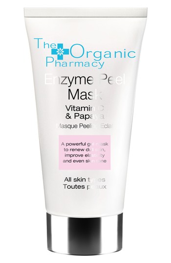 White tube featuring "Enzyme Peel Mask" in blue text, with "Vitamin C & Papaya" highlighted; sleek design, 60ml size, suitable for all skin types.