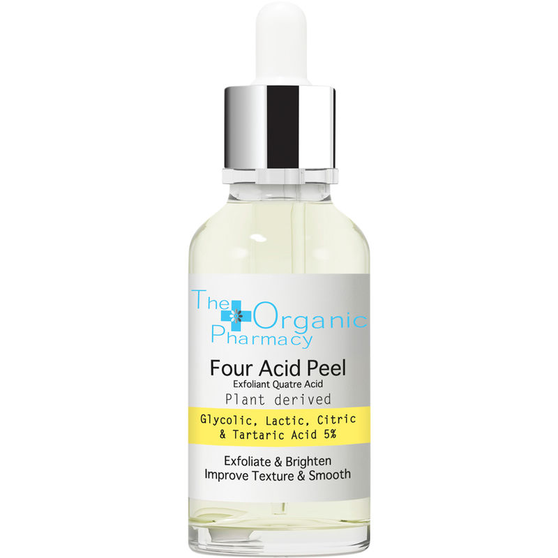 Clear glass dropper bottle with a silver cap, containing a light yellow serum labeled "Four Acid Peel" with details on exfoliating acids and benefits in yellow text.