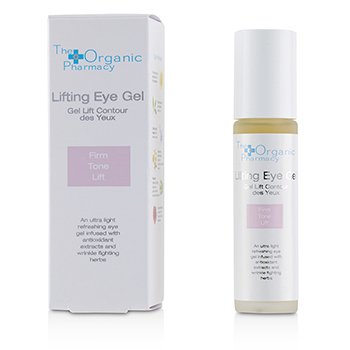 Lifting Eye Gel in a clear glass bottle with a gold pump, placed beside a white and colorful box featuring the brand name and product details.