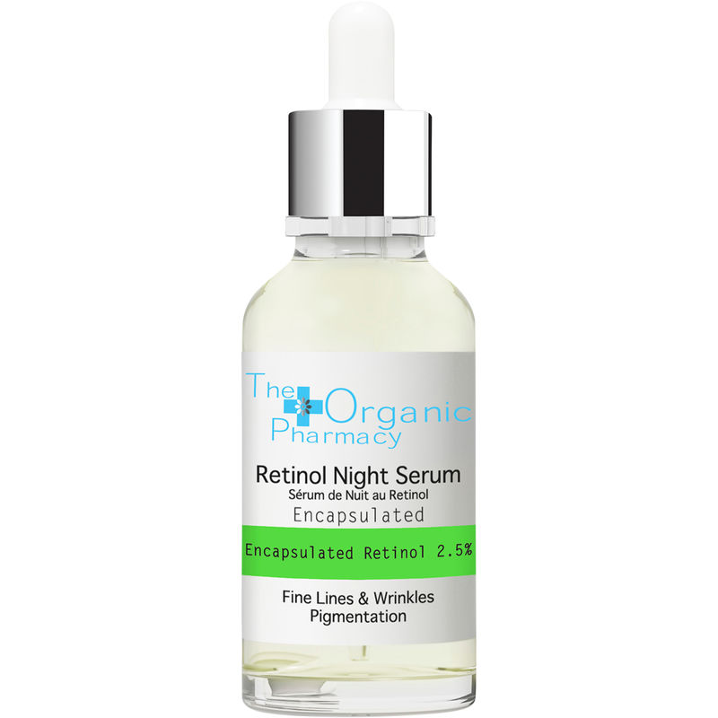 Clear glass bottle with a dropper cap, containing a light yellow serum; labeled "Retinol Night Serum" with green accents, highlighting benefits for fine lines, wrinkles, and pigmentation.