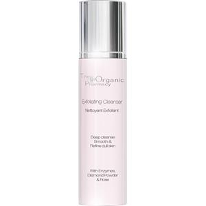 Light pink tube with a silver pump cap, labeled "Rose Diamond Exfoliating Cleanser" by The Organic Pharmacy, 4 oz, designed for unisex use, featuring natural ingredients.
