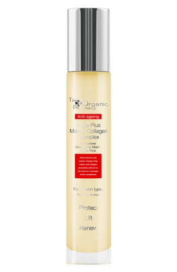 Clear glass bottle with a gold pump dispenser, featuring a white and red label that reads "Rose Plus Marine Collagen Complex" and highlights anti-aging benefits for women.