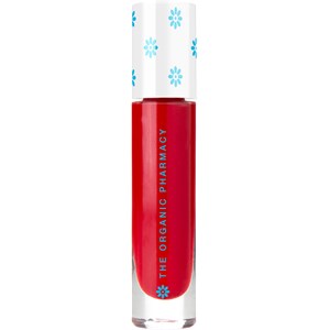 Sheer Glow Liquid Blush in a 5ml clear tube, featuring a vibrant red shade, topped with a white cap adorned with blue floral patterns.