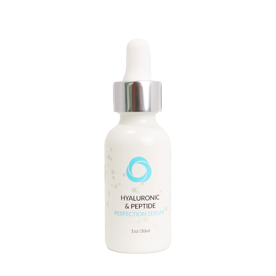 White glass dropper bottle with a silver cap, featuring a blue logo and text that reads "Hyaluronic & Peptide Perfection Serum," 1 oz (30 ml) capacity.