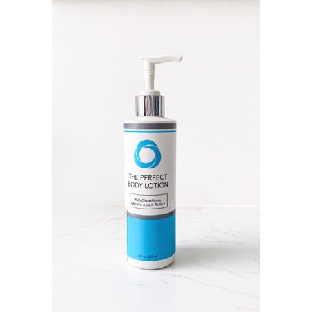 White bottle with a silver pump, featuring a blue and white label that reads "The Perfect Body Lotion" with a circular logo and details about its ingredients.
