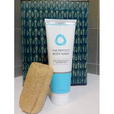 A light blue and white tube of "The Perfect Body Wash" with a textured design, accompanied by a natural loofah, set against a patterned teal background.