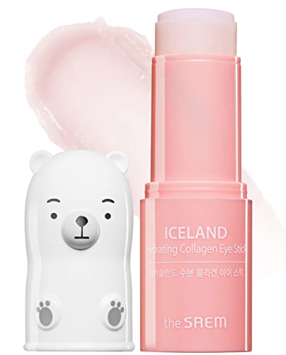 Pink hydrating collagen eye stick in a bear-shaped white container, featuring a cute bear face and paw prints, with a smooth, pale pink stick visible above the cap.