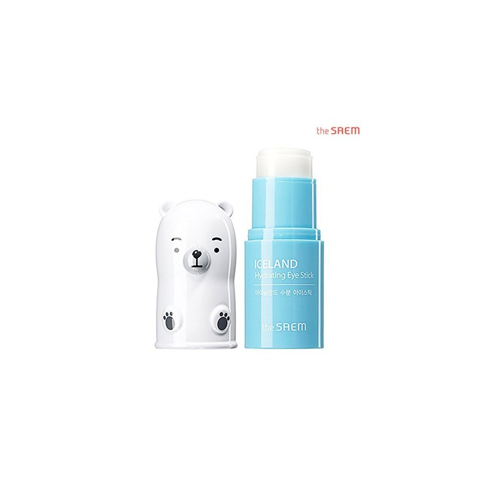 Moisturizing eye balm stick in a light blue tube featuring a cute white bear design with paw prints, labeled "ICELAND" by The Saem, 7g.