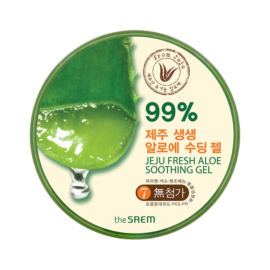 Green circular container of The Saem Jeju Fresh Aloe Soothing Gel, featuring a large aloe leaf on the lid and text highlighting 99% aloe content, with a glossy gel texture visible inside.