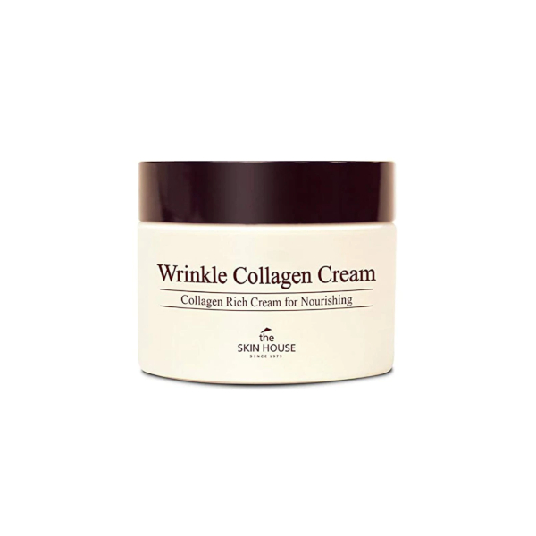 White jar with a dark brown lid, labeled "Wrinkle Collagen Cream" in elegant font, featuring "Collagen Rich Cream for Nourishing" text, from the brand the SKIN HOUSE.