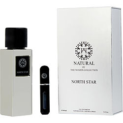 North Star Eau De Parfum 100ml features a sleek silver bottle with a black cap, accompanied by a matching travel-sized spray, all presented in a stylish white box with a logo.