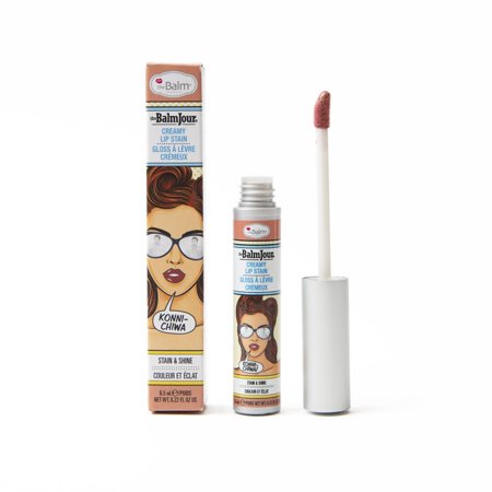 Creamy lip stain in a tube with a white applicator, featuring a cartoon woman with glasses on the packaging, labeled "# Konnichiwa!" in a vibrant design.