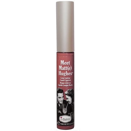 Long-lasting liquid lipstick in a sleek tube featuring a silver cap, labeled "Meet Matt(e) Hughes®" with a vintage couple illustration, in a soft pink shade named "Sincere."
