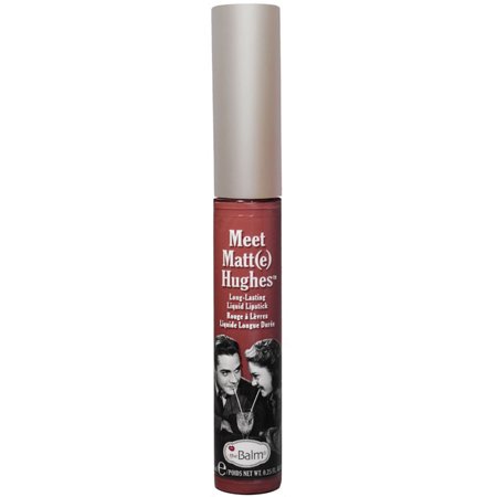 Long-lasting liquid lipstick in a sleek tube featuring a silver cap, labeled "Meet Matt(e) Hughes®" with a romantic graphic, in the shade "Trustworthy."