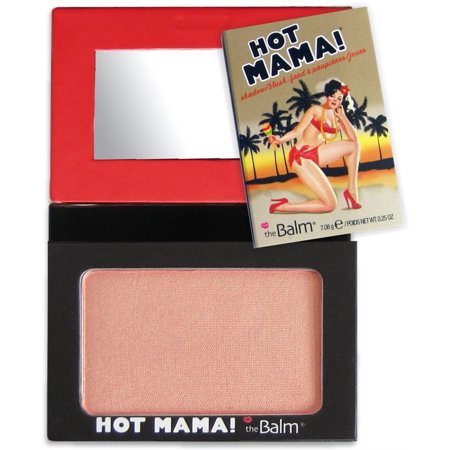 Hot Mama blush by theBalm features a peachy-pink powder in a sleek black compact with a mirror, accompanied by a retro-style cardboard cover.
