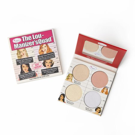 The Lou Manizer's Quad features four highlighter shades in a compact with a pink and red exterior, showcasing a glossy finish and illustrations of four women on the packaging.