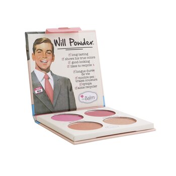 TheBalm Will Powder Blush Palette features four blush shades in pink and peach tones, housed in a compact with a vintage illustration of a man in a suit on the cover.