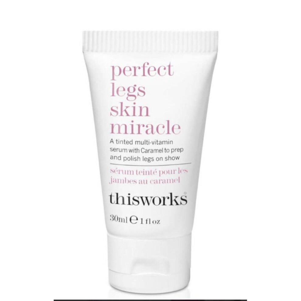 White tube with pink and black text, labeled "Perfect Legs Skin Miracle," containing a tinted multi-vitamin serum, 30ml, by This Works.