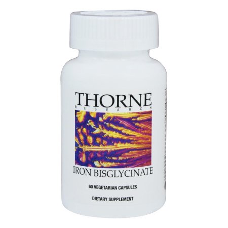 White bottle with a colorful label featuring the text "THORNE RESEARCH" and "IRON BISGLYCINATE," containing 60 vegetarian capsules, dietary supplement.