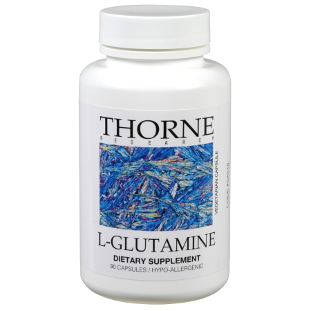 White bottle labeled "L-Glutamine" by Thorne Research, featuring a colorful abstract design, containing 90 capsules, with hypo-allergenic and dietary supplement details.