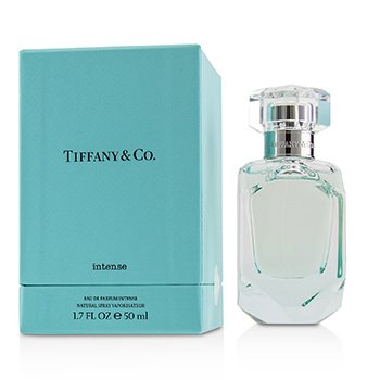 Light blue box with "Tiffany & Co." and "Intense" in silver lettering, alongside a clear glass perfume bottle with a diamond-shaped cap, containing 50ml of women's eau de parfum.
