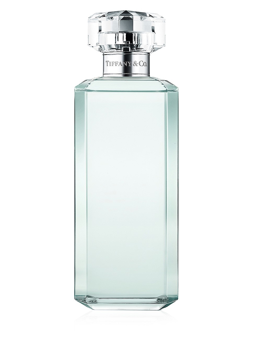 Clear glass bottle with a faceted crystal cap, containing Tiffany & Co. Women's Eau De Parfum Shower Gel, 200ml, featuring a light blue liquid.