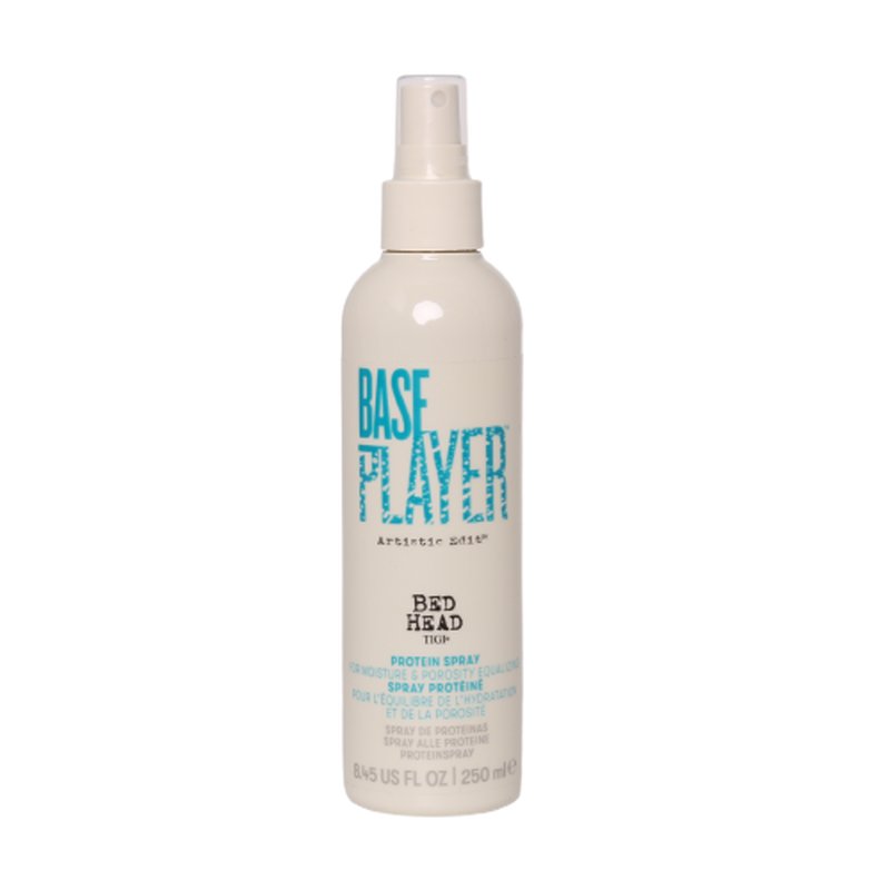 White spray bottle with a blue and black label, featuring "BASE PLAYER" in bold letters, designed for protein hair styling, contains 250ml of product.