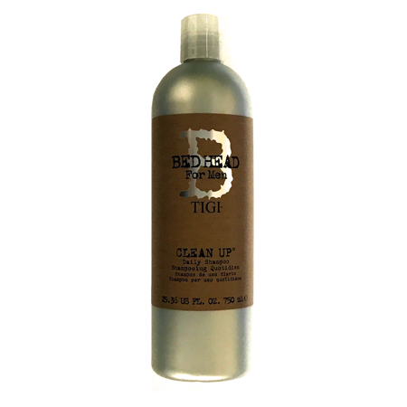 Silver bottle of Bed Head by Tigi Clean Up Men's Daily Shampoo for normal hair, featuring a brown label with bold black text, 750ml size.