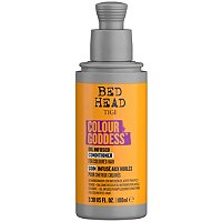 TIGI Bed Head Color Goddess Conditioner in a 100ml gray bottle with a bright orange label, featuring a pump top and bold text highlighting its oil-infused formula for colored hair.
