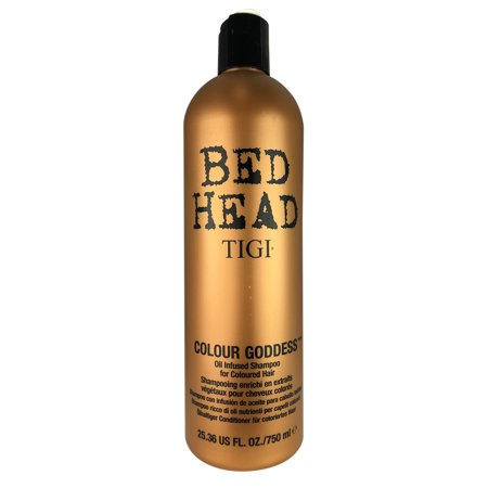 Gold bottle of Bed Head by Tigi Colour Goddess Oil Infused Shampoo for Coloured Hair, 750ml, featuring bold black text and a sleek design.