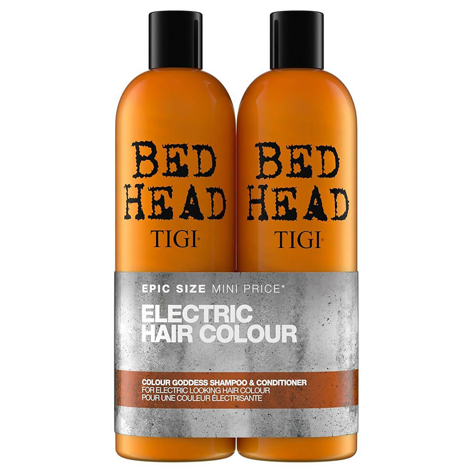 Two 750 ml bottles of Tigi Bed Head Colour Goddess Shampoo and Conditioner, featuring vibrant orange packaging with bold black text and a silver label, designed for electric-looking hair color.