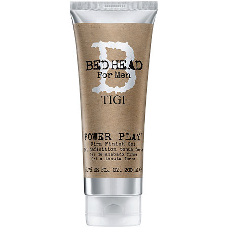 White tube of Bed Head by Tigi Power Play men's hair gel, featuring a silver cap, brown label with black text, and a strong hold formula, containing 200ml.