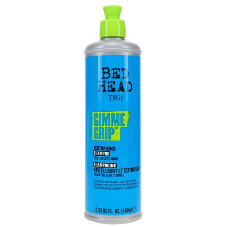 Bright blue bottle with a green cap, labeled "GIMME GRIP" in bold yellow text, designed for texturizing hair, contains 400 ml of shampoo.